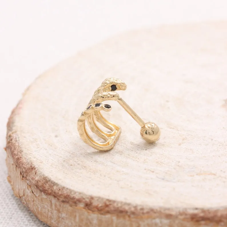 14K 18K Solid Gold Black CZ Snake Ear Hoop Stud Cartilage Tragus Helix Conch Lobe Piercing Earring