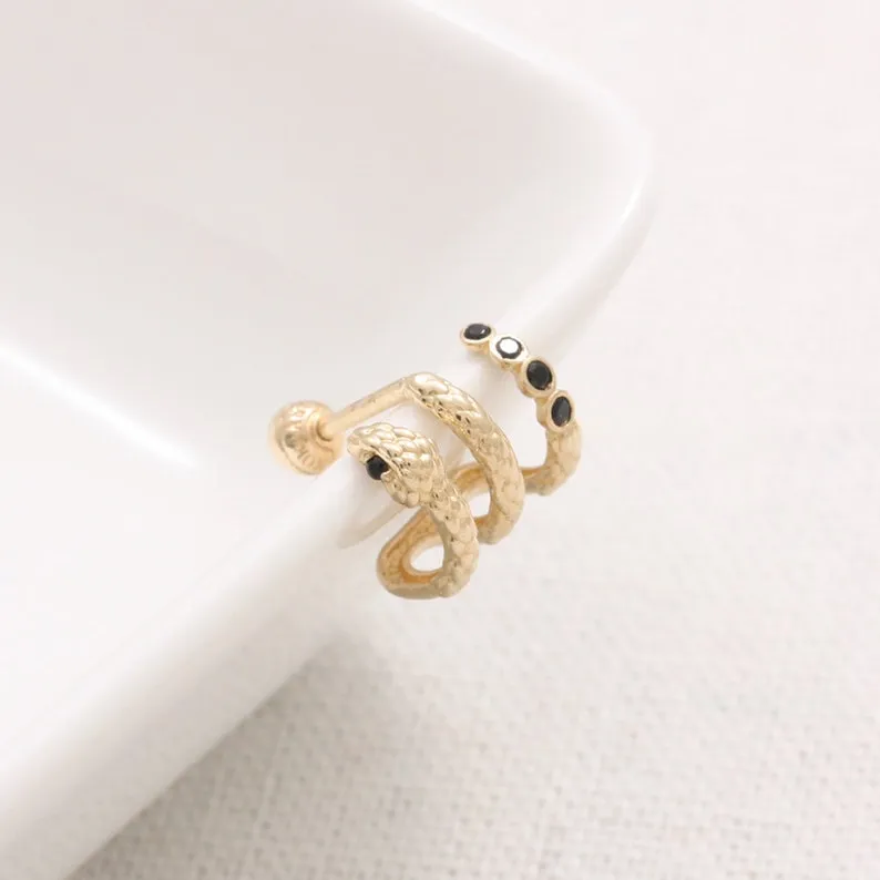 14K 18K Solid Gold Black CZ Snake Ear Hoop Stud Cartilage Tragus Helix Conch Lobe Piercing Earring