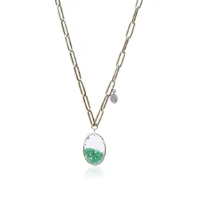 14K YELLOW GOLD OVAL EMERALD PEBBLE WINDOW PENDANT NECKLACE WITH PAVE DIAMOND ACCENT