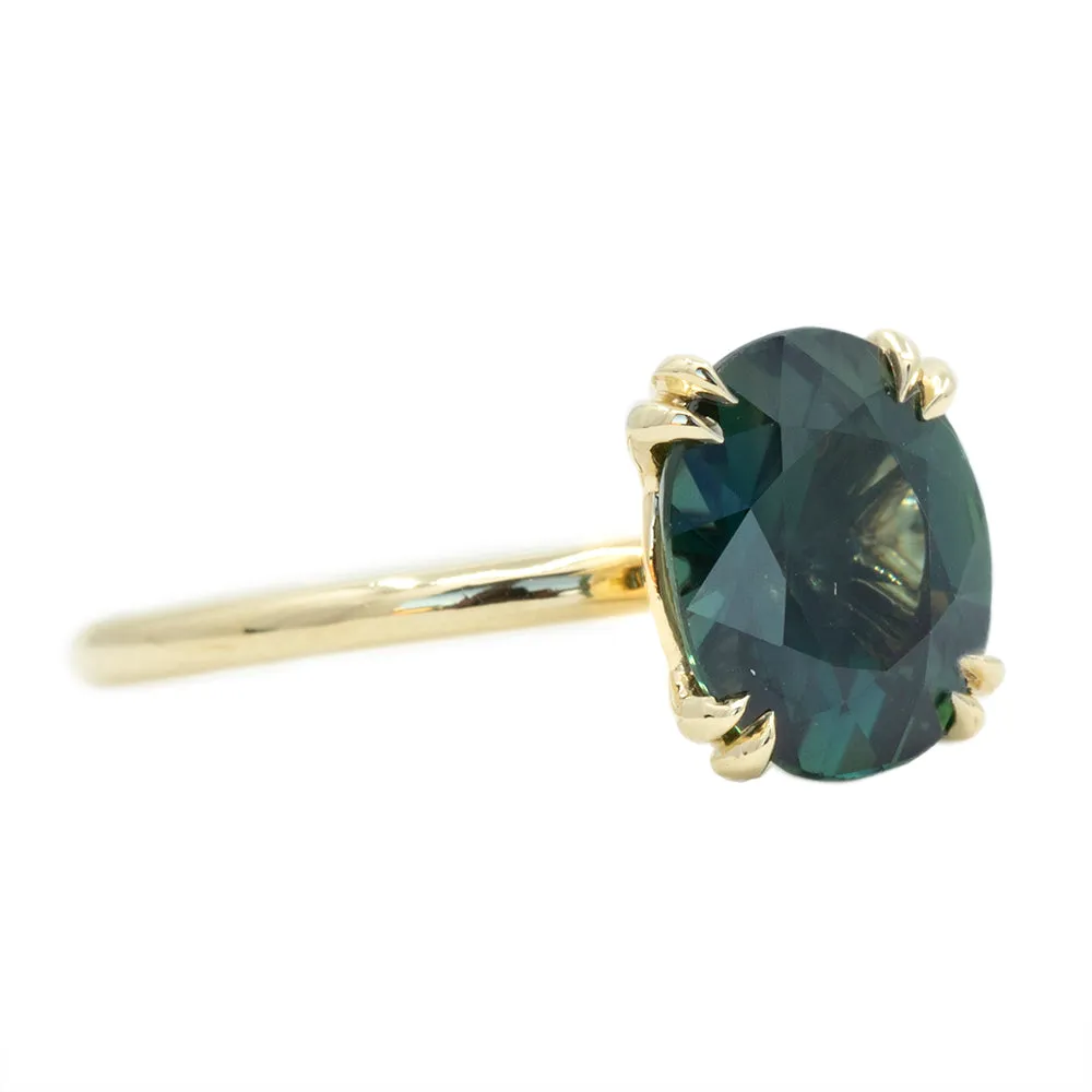 3.02ct Oval Deep Teal Green Sapphire Double Pronged Solitaire in 14k Yellow Gold