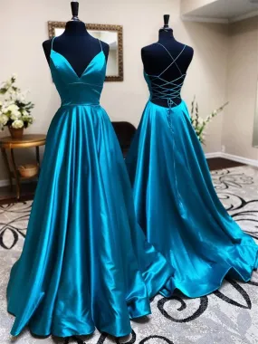 A Line V Neck Backless Satin Long Prom Dresses Open Back Formal Graduation Evening Gowns