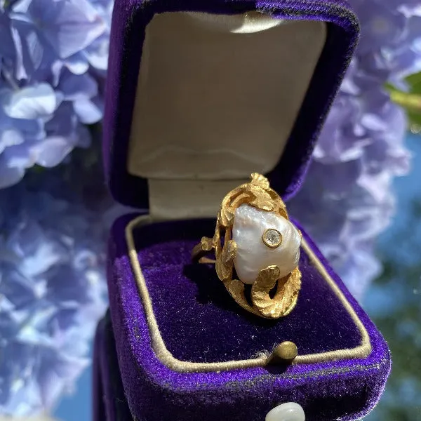 Art Nouveau Baroque Pearl & Diamond Ring