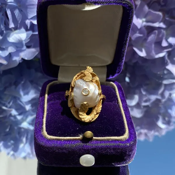 Art Nouveau Baroque Pearl & Diamond Ring