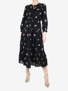 Black floral patterned tiered midi dress - size UK 12