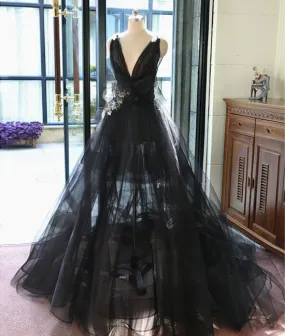 black v neck tulle long prom dress, black evening dress