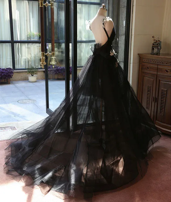 black v neck tulle long prom dress, black evening dress