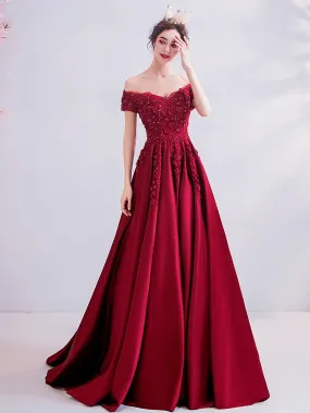 Burgundy A-Line Satin Lace Long Prom Dresses, Burgundy Formal Graduation Dress