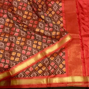 Captivating Red Pochampalli Ikkat silk Duppatta with mustard zari Border