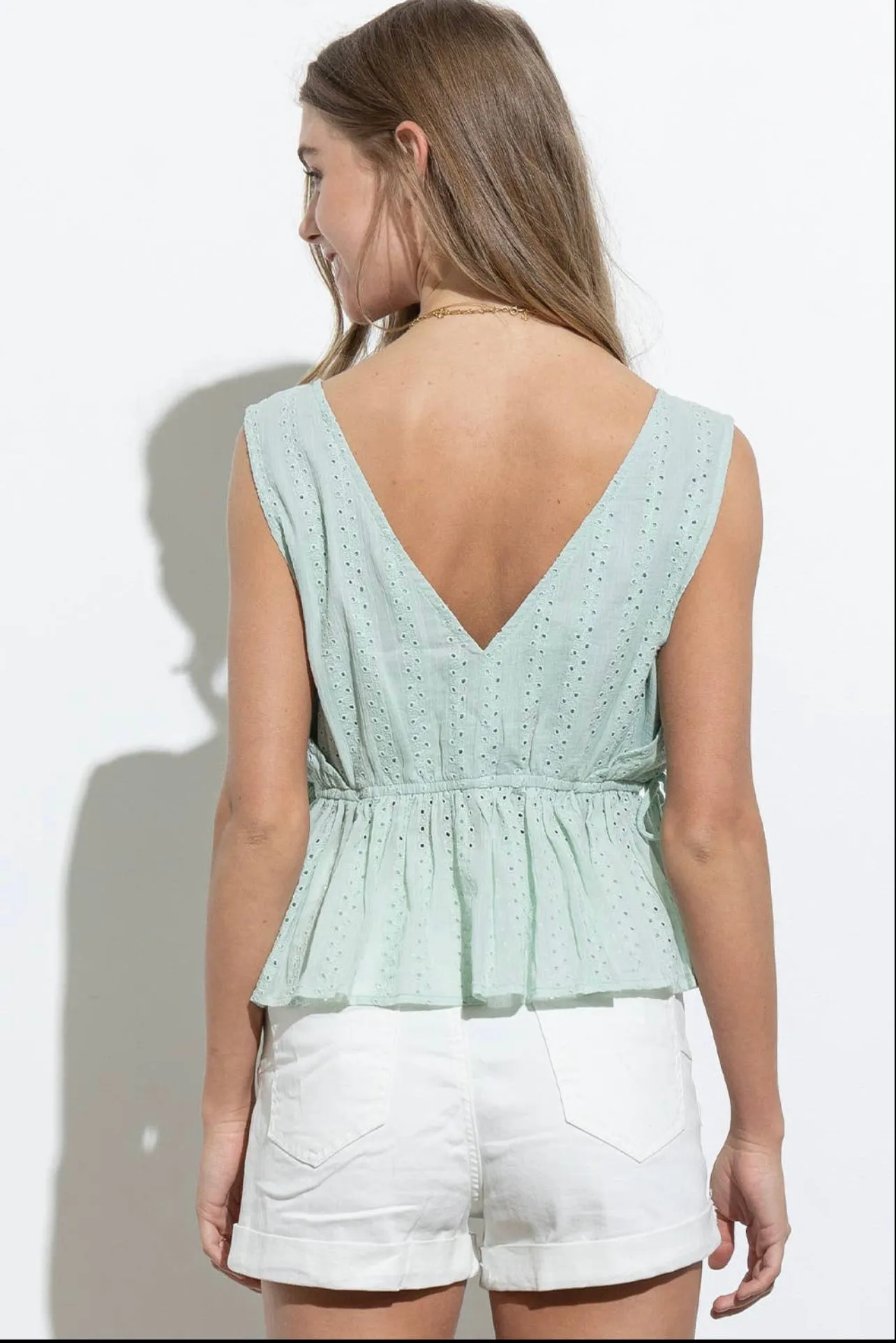 Cotton Eyelet Stripe Lace Tie Side Sleeveless Top