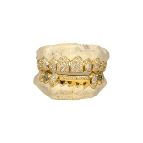 Custom Straight Setting with Diamond Bar and Blue Diamond Fangs Grillz