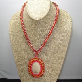 Dacil Beaded Coral Cabochon Pendant Necklace