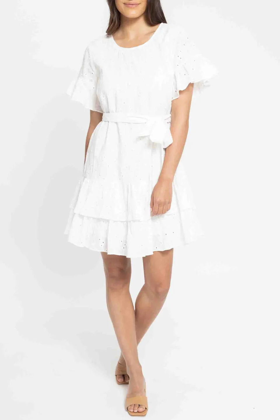 Discovery White Emb Anglaise SS Frill Hem Mini Dress