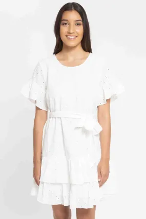 Discovery White Emb Anglaise SS Frill Hem Mini Dress