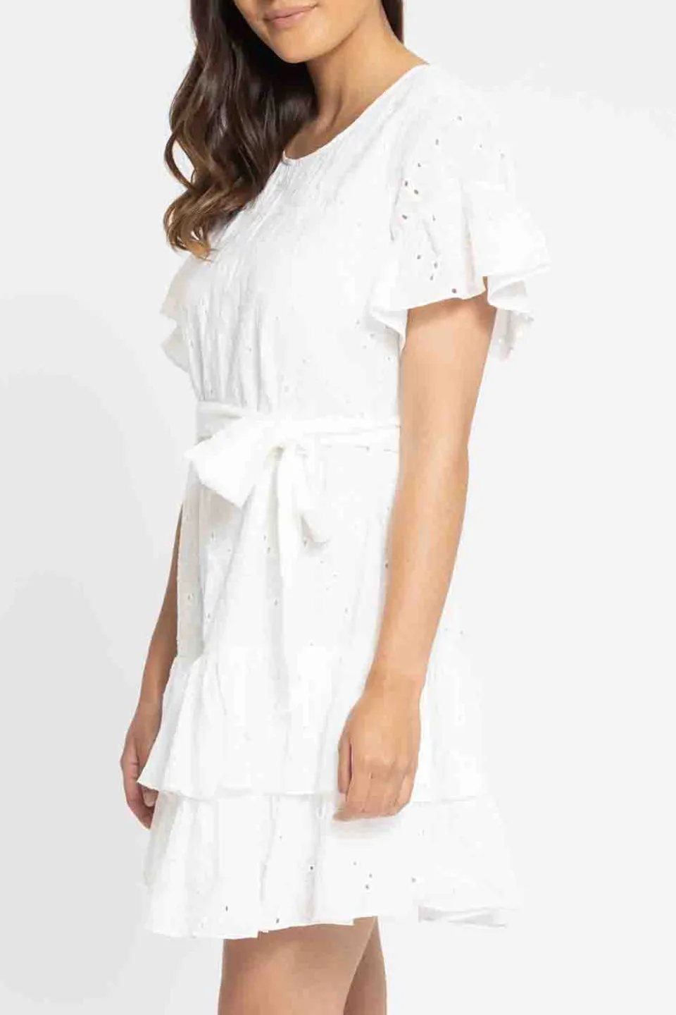 Discovery White Emb Anglaise SS Frill Hem Mini Dress