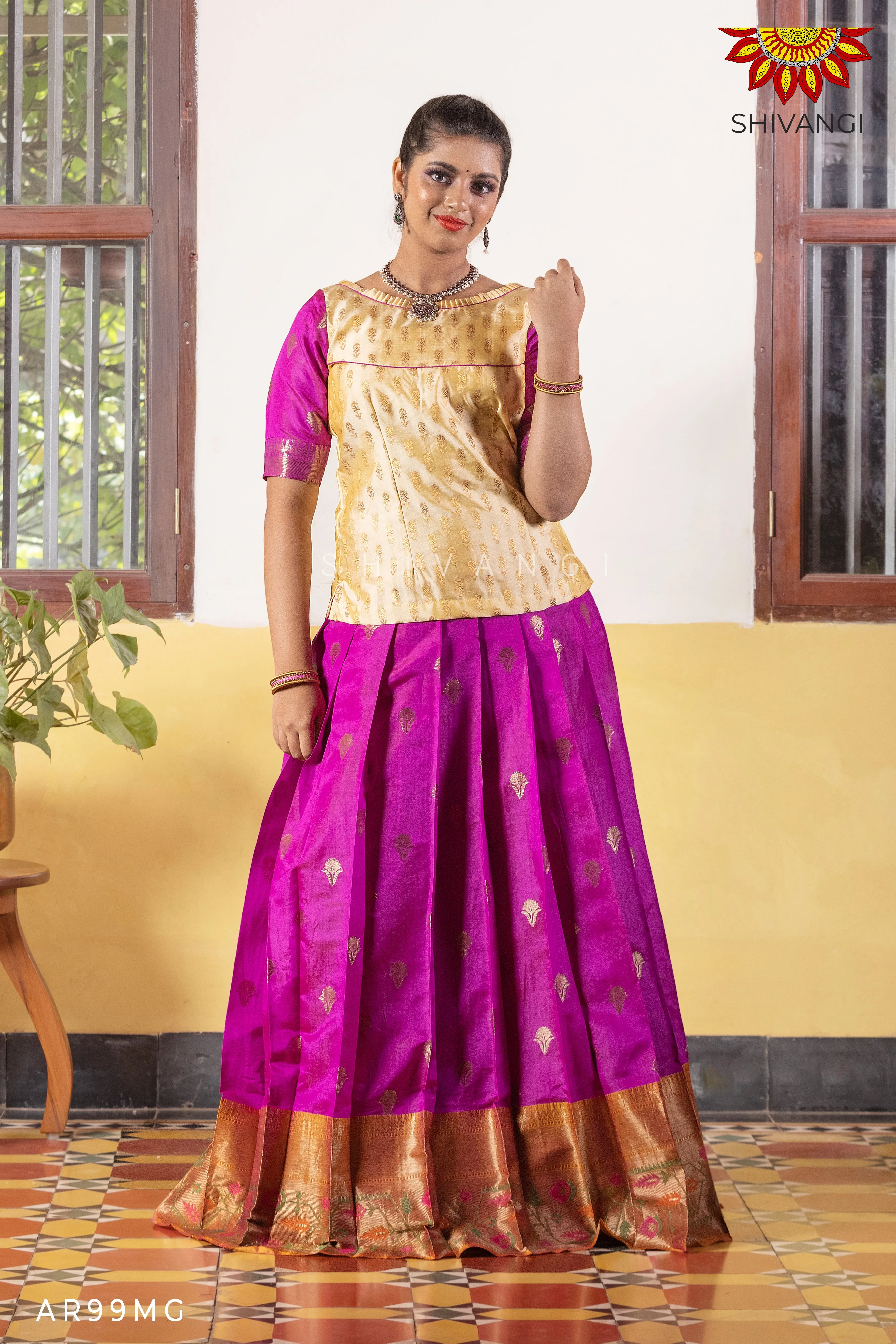 Girls Magenta Sword Lilly Pattu Pavadai | Langa