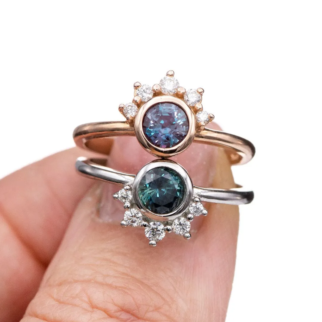 Juno - Bezel Set Round Teal Blue Sapphire Platinum Engagement Ring with Diamond Half Halo Accents