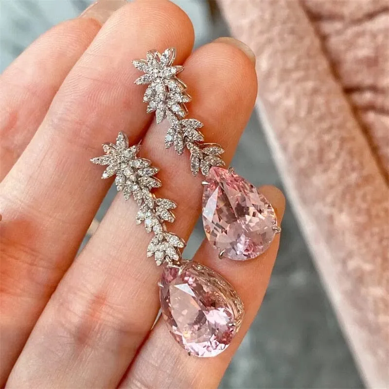 Leaves Pink Morganite Water Drop Earrings