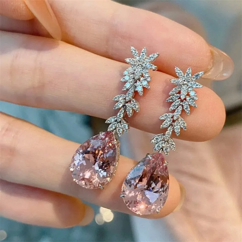 Leaves Pink Morganite Water Drop Earrings