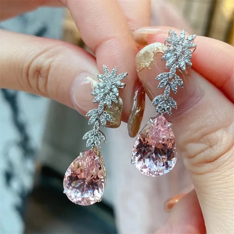 Leaves Pink Morganite Water Drop Earrings