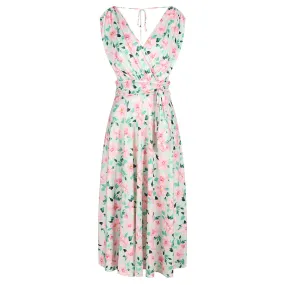 Light Green And Pink Floral Print V Neck Crossover Top Empire Waist Swing Dress