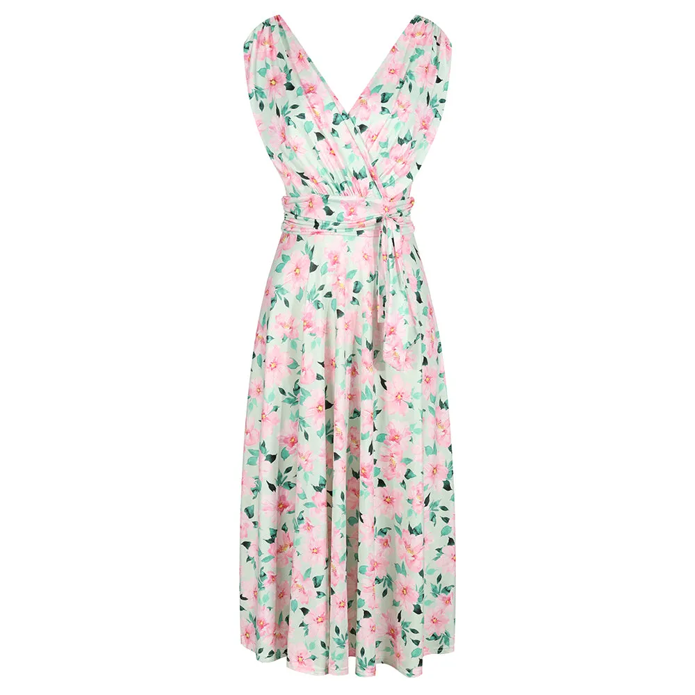 Light Green And Pink Floral Print V Neck Crossover Top Empire Waist Swing Dress