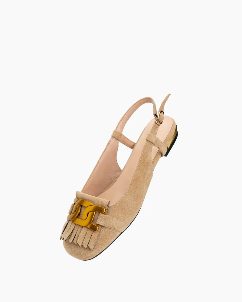 Metal Buckle Slip On Tassels Suede Flat Mules