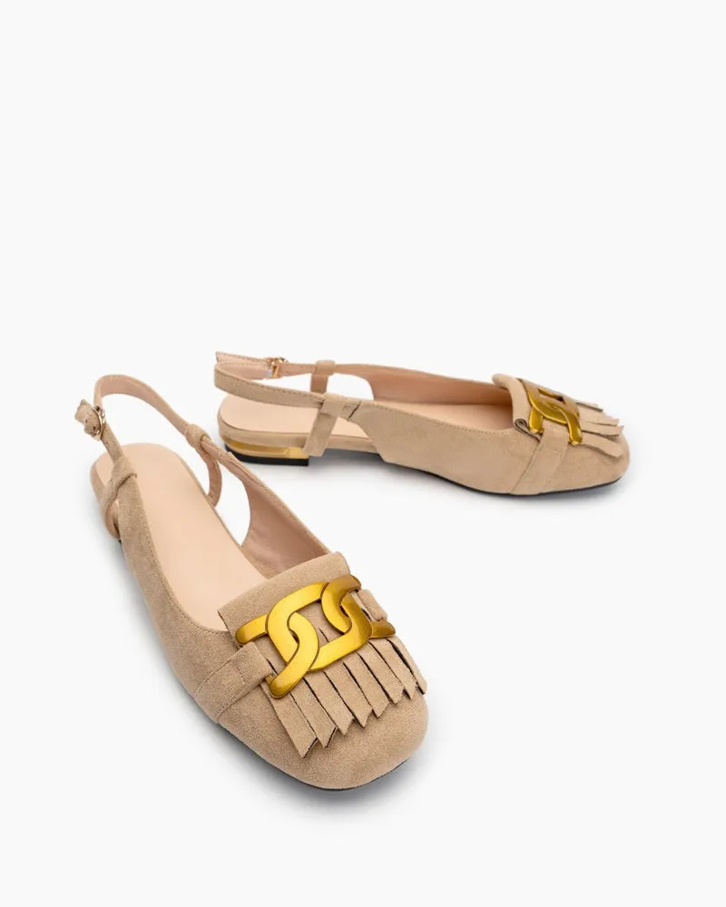 Metal Buckle Slip On Tassels Suede Flat Mules