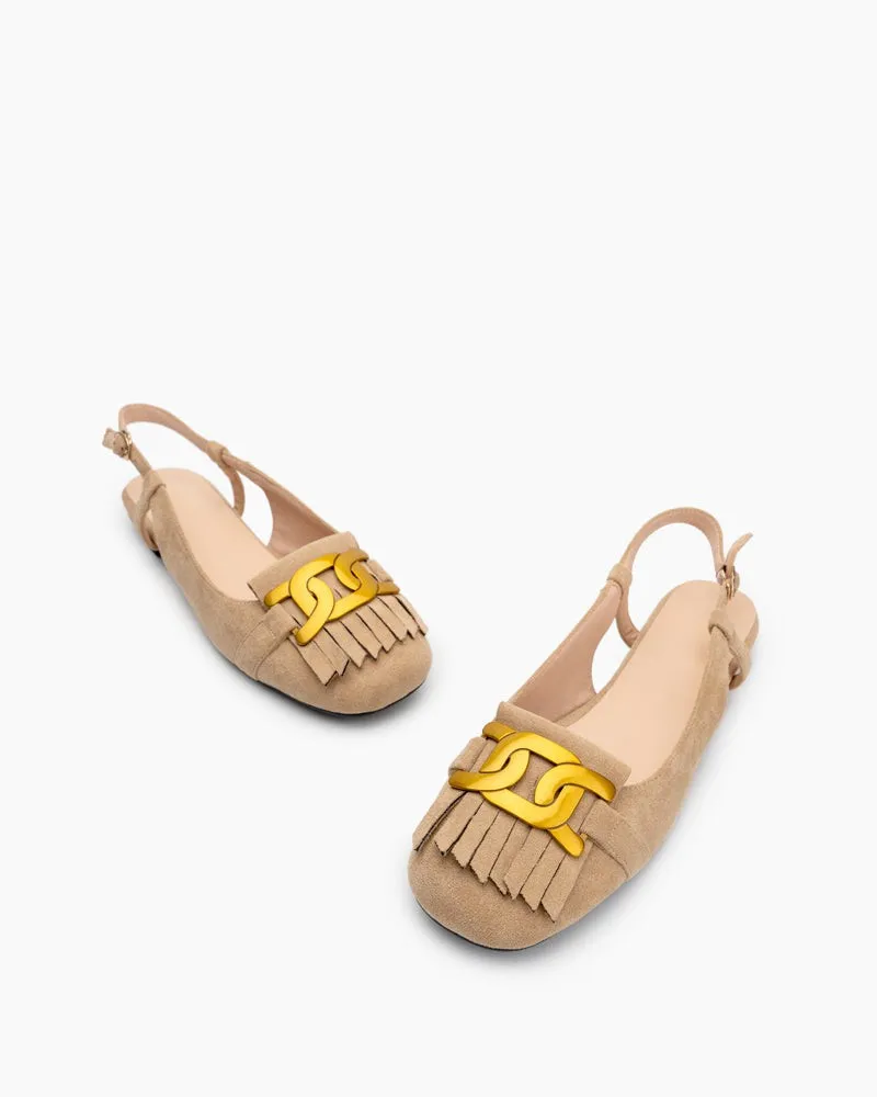 Metal Buckle Slip On Tassels Suede Flat Mules