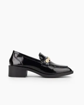 Metal Chain Leather Slip on Penny Mid Heel Loafers