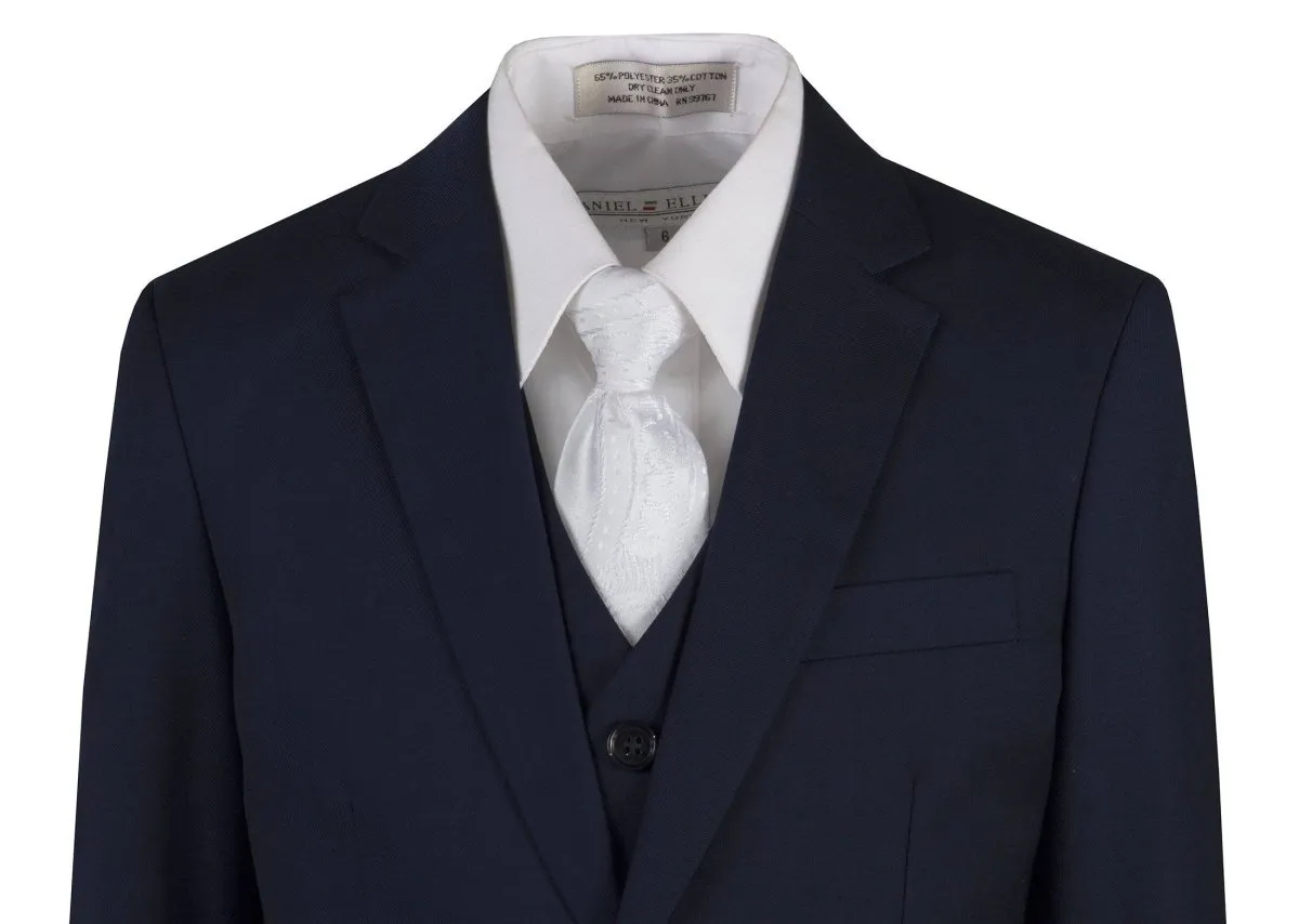 Navy Blue Slim Fit Suit Clergy Jacquard Neck Tie Boys and Youth Sizes