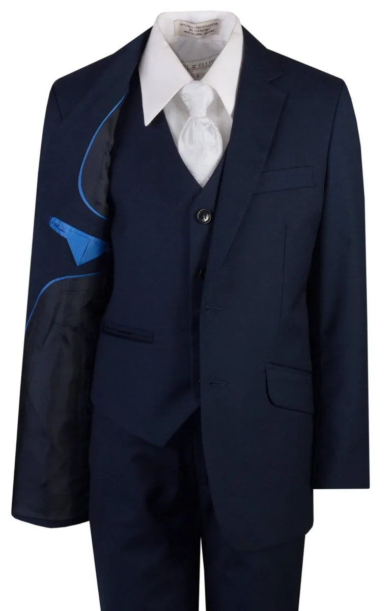 Navy Blue Slim Fit Suit Clergy Jacquard Neck Tie Boys and Youth Sizes