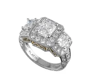 Platinum And 18K Yellow Gold 3-Stone Radiant Diamond Ring Surrounded By Diamonds