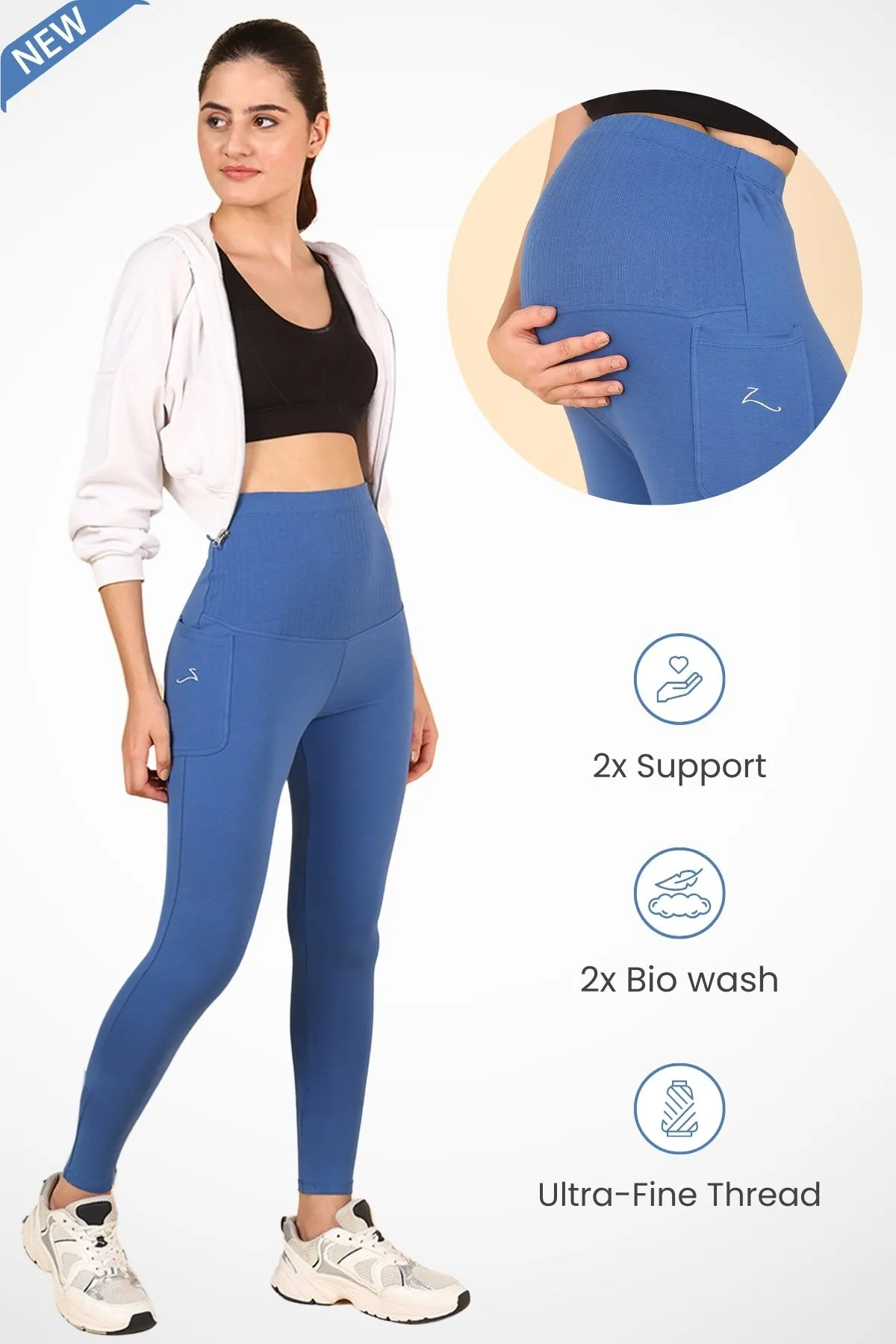 Ribbed Cotton Blue Maternity Legging (Pregnancy & Postpartum)