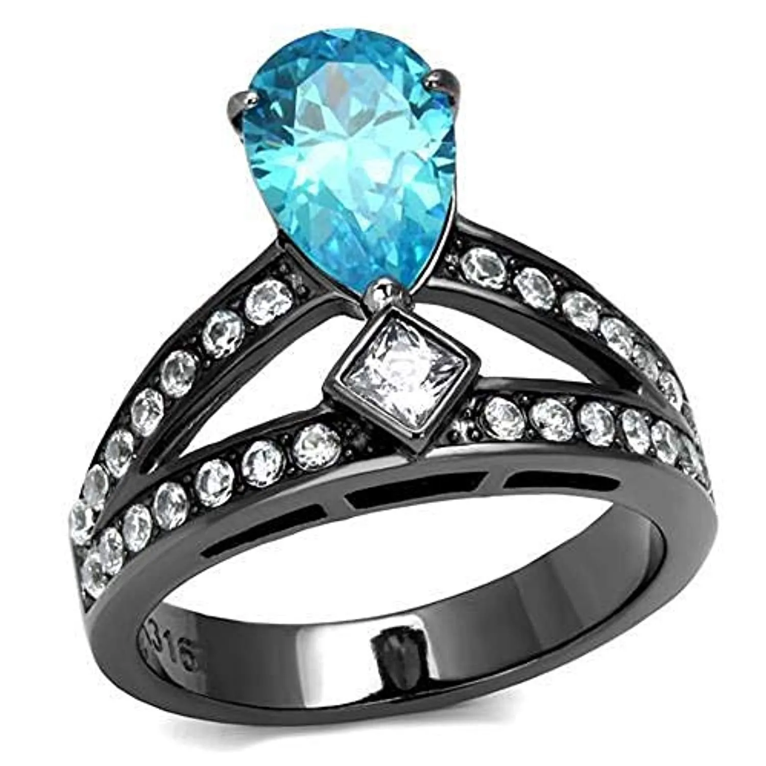 WildKlass Stainless Steel Ring IP Light Black (IP Gun) Women AAA Grade CZ Sea Blue