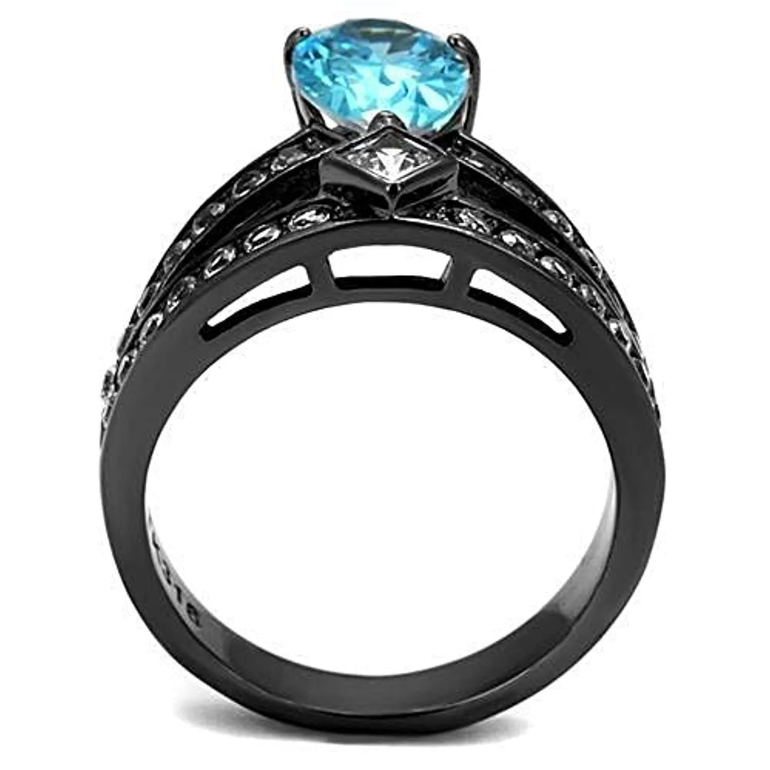 WildKlass Stainless Steel Ring IP Light Black (IP Gun) Women AAA Grade CZ Sea Blue