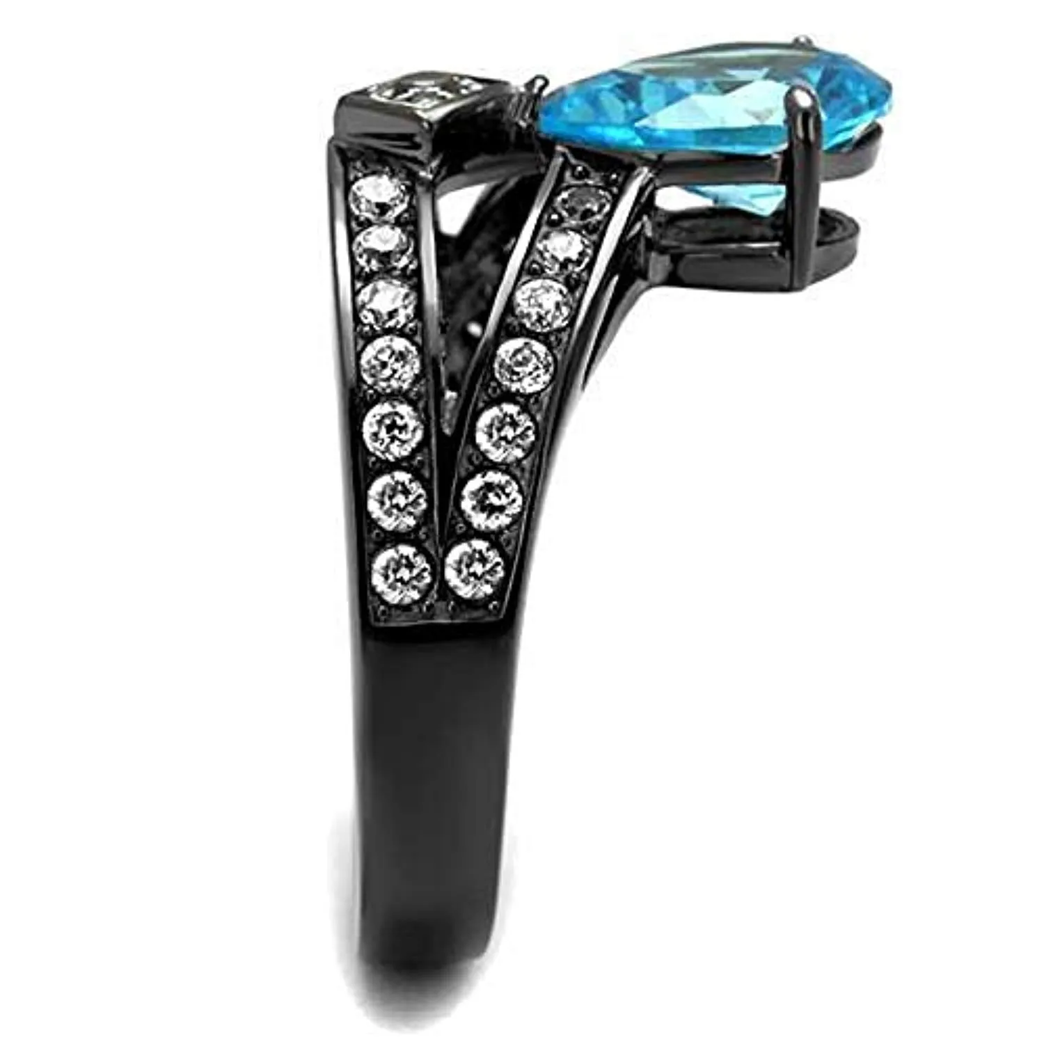 WildKlass Stainless Steel Ring IP Light Black (IP Gun) Women AAA Grade CZ Sea Blue