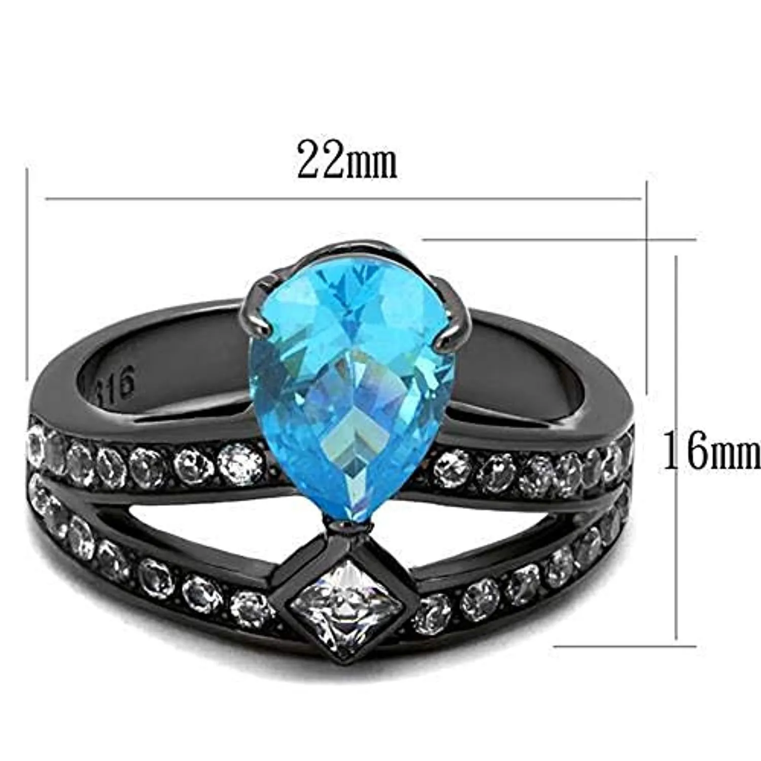 WildKlass Stainless Steel Ring IP Light Black (IP Gun) Women AAA Grade CZ Sea Blue